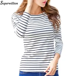 Soperwillton Cotton Tshirt Women New Autumn Long Sleeve ONeck Striped Female TShirt White Casual Basic Classic Tops 620