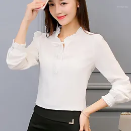 Kvinnors blusar skjortor han fan chiffon skjorta långärmad vit mode lös topp