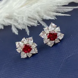 Marca de luxo jóias s925 prata esterlina vermelho quadrado gem pedras anel flor alto carbono cavalo olho diamante 18k branco banhado a ouro