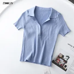 ITOOLIN Women Polo Shirts Short Sleeve Knit Tshirt Plain Women Ribbed Vneck Crop Top Solid Slim Cropped Tees Summer 220613