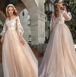 Champagne Elegant Tulle A-Line Wedding Dresses Lantern Sleeves Lace Applique Bohomia Wedding Bridal Gowns Vestido De Novia