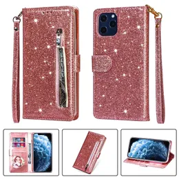 Leather Zipper Flip Case For iphone 14 13 12 11Pro Max XS XR 8 7 Plus Samsung models Wallet Bling Shinning Phone Bag