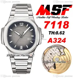 MSF 7118 A324 Automatiska damer Womens Watch Grey Textured Dial Rostfritt stål Armband Super Edition Watches Puretime C3