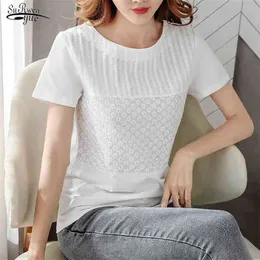 Womens Tops Summer Blusas Mujer De Moda Solid Ladies Short Sleeve O Neck White Womens Blouses Lace Shirts 8586 50 210401