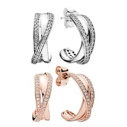 CZ diamond pave hoop Stud Earrings 18K rose gold 925 Stelring Silver Womens Wedding Gift with Original box set for Pandroa earrings