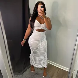 Casual klänningar hirigin kvinna klippt ut veckad maxi klänning halter spetsar upp backless ruched smal elegant hem splittring solid sexig midi klädselcas