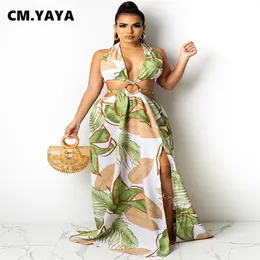 CM.YAYA Femmes Robe Longue Imprimer Sans Manches Bandage Halter Évider Split A-ligne Maxi Robes Mode Vestidos Tenues D'été 220516