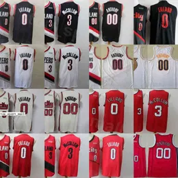 Homens Carmelo Jerseys 00 Basquete Damian Lillard 0 CJ McCollum 3 Red Black White Team Color Stitched Breathable