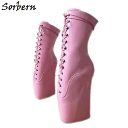 Sorbern Pink Shiny Ballet Wedge Hoof Sole Boots For Women Round Toe Heelless Fetish Boots Pointy Toe Baby Pink Boots Unisex