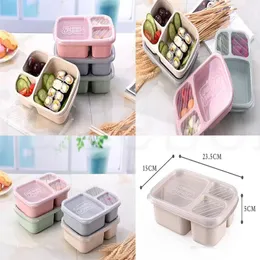 Aluno almoço caixa 3 grade conjunto de trigo palha biodegradável microondas bento caixa crianças armazenamento alimentar caixas de alimentos escola recipientes com tampa