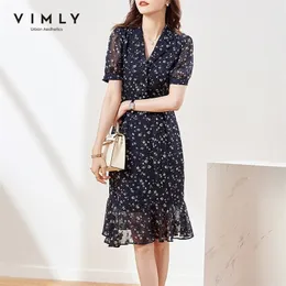 Vimly Summer Floral Dress Women Elegant V Neck Bandage Vintage Dresses Office Ladies Puff Sleeve a Line Chiffon Long Dress F7505 220516