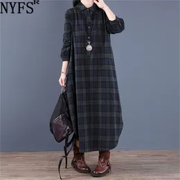 NYFS Spring Autumn Shirt Dress Vintage Loose Cotton Long Dress Vestidos Robe D ETE Femme Literary Plaid Woman Dress 220406