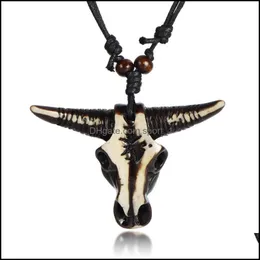 Pendant Necklaces Vintage Ethnic Biker Bl Skl Goat Head Necklace Male Cow Pagan Retro Leather Resin Neclace Men Drop Delivery 2021 Je Dhxpb