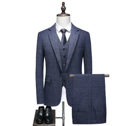 New men's suit autumn solid color slim plaid casual business large size suit single row one button professional formal three-piece