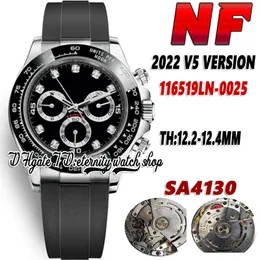 2022 NF V5 Th: 12.4mm Ry116519 SA4130 Cronógrafo Mens automático relógio Preto Cerâmica Bezel Black Dial 904L Caso de aço inoxidável Caixa de borracha Eternidade Relógios G116518