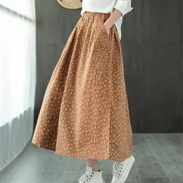 Johnature Autumn Winter Cotton Retro Print Pockets Elastic Waist Half Skirt Loose Leisure Allmatch Women Fashion Skirt 210311