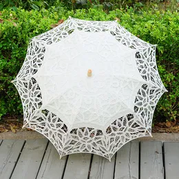 Bomull Brudparasol Handgjorda spetsar broderier Vit sol paraply eleganta bröllopsparasoler