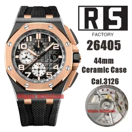 RS Factory Watches RSF 26405 44 mm Keramikgehäuse, Kal. 3126 / ETA7750, Automatik-Chronograph, Herrenuhr, Roségold-Lünette, rauchgraues Zifferblatt, Kautschukarmband, Herrenarmbanduhren