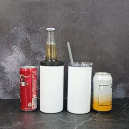 4 em 1 16 on￧as de sublima￧￣o reta Tumblers em branco Refrigerador de cerveja com 2 tampas de a￧o inoxid￡vel cola mais fria mais fria isolada de ￡gua fria latas multifuncionais