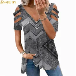Snake Yx Woman Tshirts Fala damska geometryczna drukowana krótkie rękawie zamek błyskawiczny Vneck Top Plus Fashion Graphic Oversize Thirt 220527