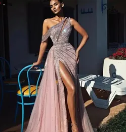 2022 Elegant Off Shoulder Long Prom Dresses Full Beaded For Arabic Women Sexy Front Split Formal Evening Pageant Gowns Robe De Soiree 5s4