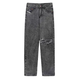 Jeans Women's Washed Smoky Gray Retro Cut Hole Patch Men And Women With The Same Casual Loose Radish Pants Korean Version Trend T220728