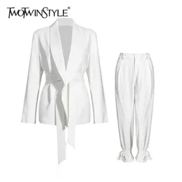 TWOTWINSTYLE Solid Color Korean Two Piece Set Women Blazer High Waist Belt Lace-up Straight Pants Suits Female Fashion 220812