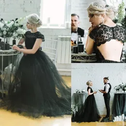 Schwarze Gothic-Hochzeitskleider mit Ärmeln 2022, schlicht, mit Juwelenausschnitt, Vintage-Spitze, rückenfrei, Feen-Tüll, Strandbrautkleider