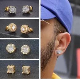 Brincos masculinos de alta qualidade Stud Hip Hop Iced Out Bling CZ Stud Brincos Geométrico Quadrado Redondo Cor Dourada Micro Pave Cubic Zircon Studs Brinco