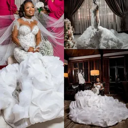 Plus Size Mermaid 2022 Suknie ślubne Arabskie Suknie Ślubne Warszały Ruffles Illusion Z Długim Rękawem Perły Zroszony Kryształ Afryki Aso Ebi Szare De Mariée