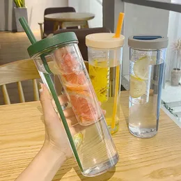700ml Portable Fruit Infusing Infuser Water Bottle Plastic Leakproof Sports Summer Drinkware Lemon Juice Bottles with Straws