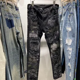 Real Pics 22SS Heavy Washed Jeans Destruye los pantalones de mezclilla Hombres Mujeres Pantalones de tela pesada Moda