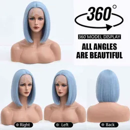 Niebieski krótki prosta koronkowa peruka z przodu syntetyczna WGI dla czarnych kobiet Blond Pink Orang Cosplay Lolita Natural Frontal Hair 220622
