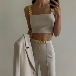 Chain Camis Top and Pants 2 Piece Set's Womens Skinny Cami Croped Top Pencil Pants Suit Fashion Outfits Office Long Pants Top 220704