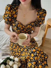 Vår sommar mujer mode kvinnlig vintage tryckt kort ärm lös chiffong klänning kvinnor avslappnad en linje midi klänningar vestidos 220613