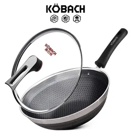 Kobach Kitchen wok 32 cm nonstick pan rostfritt stål honungskaka dubbel mönster stek med lock 220423