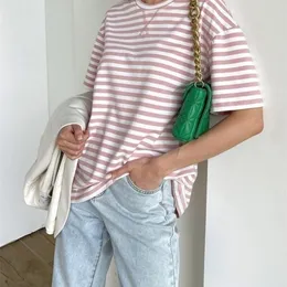 WOTWOY Summer Short Sleeve Striped TShirts Women Knitted Basic Casual Tops Female Cozy Loose Cotton Tees Harajuku Shirt 220526