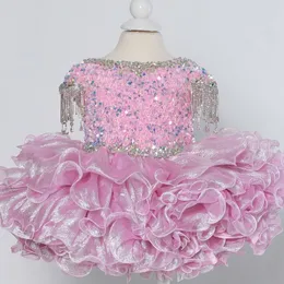 Cupcake Girl Pageant Dress 2022 Crystals Little Kids Cocktail Rising Star On-Stage Formal Event Party Wear Dance Gowns for Infant Toddler Pink Ruffles Sequins Velvet