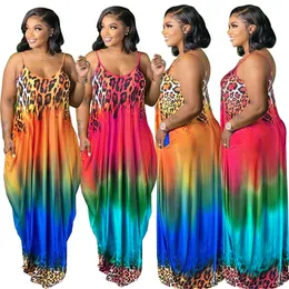 Leopard Rainbow Print Cami Maxi Dress Women Summer Ubrania Kobieta swobodne długie gradient kolor drukowane kamizelki z kieszeniami