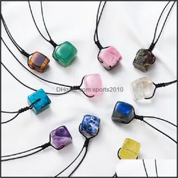 Konst och hantverk Natural Stone Pendant Square Cubic Rose Quartz Crystal Necklace Healing Amethyst Lapis For Women Men Jewelr Sports2010 Dhnth