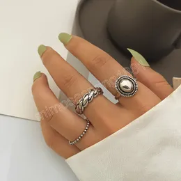Silver Color Ring Couples Accessories INS Fashion Vintage Twist Design Round Shape GeometricRings Set for Women Jewelry