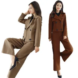 Kadınlar İki Parçalı Pantolon Sonbahar ve Kış Moda Çift - Brezik Kısa Paragraf Yün Ceket Kişilik Geniş Bacak Kalınlaştırıcı Leydi Set