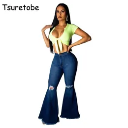 Tsuretobe mode denim flare byxor kvinnor retro rippade jeans breda benbyxor lady casual bell-bottoms flare pant kvinnlig 210302