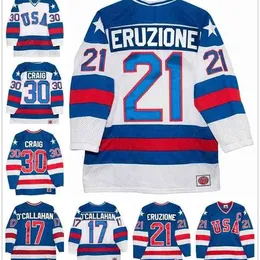 1980 mucize buz takımı # 21 Mike Eruzione # 17 Jack O'Callahan # 30 Jim Craig Buz Hokeyi Formaları Mavi Beyaz Dikişli ABD Hokey Jersey