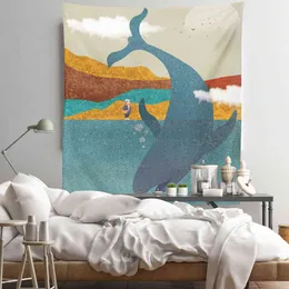 Hippie stor väggmatta abstrakt val havs bergsbild konst anime tapestry moon sunset landscape rum dekoration filt j220804