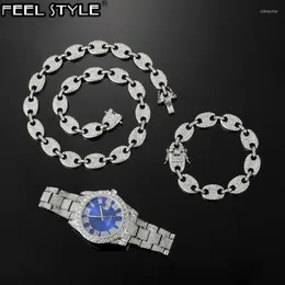 Łańcuchy hip -hop 13 mm 3PCS Zestaw ZEGARANIA ZEGARANIA BRANDACE Bransoletka kawy Bling Kryształ mrożony dla kobiet mężczyzn biżuteria prezent gamica