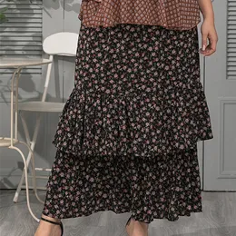 Gibsie plus size blommig tryck skiktad ruffle hem kjol höst semester avslappnad söt damer stor storlek maxi lång kjol 220611