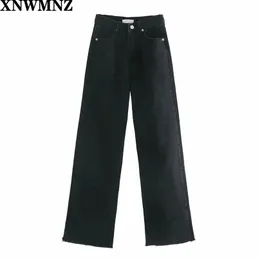 XNWMNZ women Fashion hi-rise wide-leg full length jeans Vintage faded seamless hems High Waist Zipper button Denim Female 220402