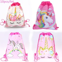 10 sztuk / partia Girls Favors Lovely Unicorn Mochila włókniny Tkaniny Urodziny Partii Baby Shower Decorate Flower Drawstring Gifts Torby 220420