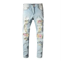 Jeansy męskie Designer European rock revial jean męskie hafty pikowanie zgrywanie dla modnej marki vintage proste dżinsy w trudnej sytuacji spodnie obcisłe granatowe spodnie 28-42